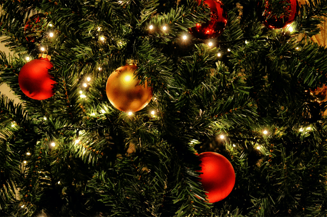 Close up of a Christmas tree with red and gold ornaments, taking into considerations tips about avoiding electrical hazards this holiday season.