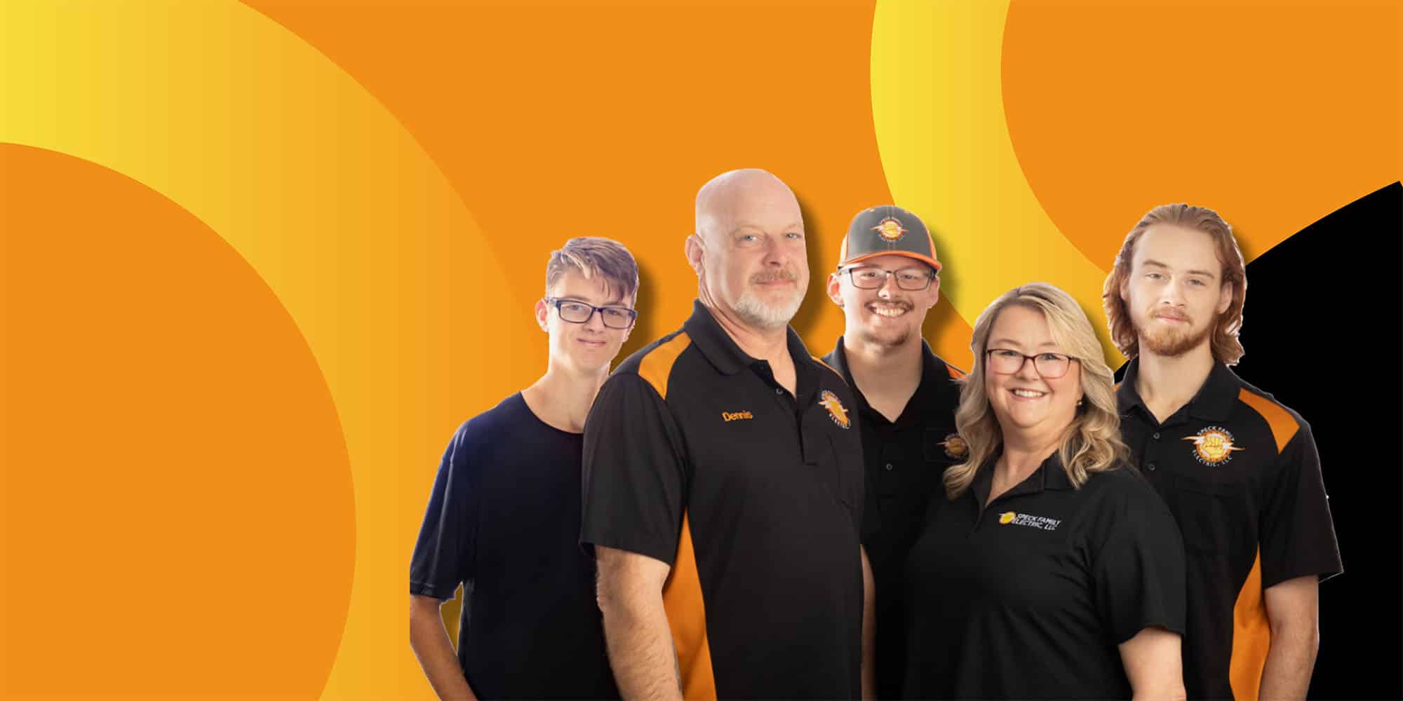 Speck Family and Employees on orange background